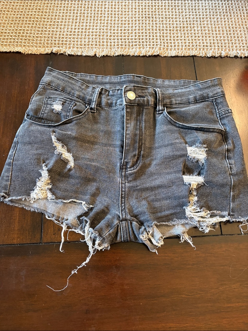 Distressed High-Rise Denim Shorts - Charcoal